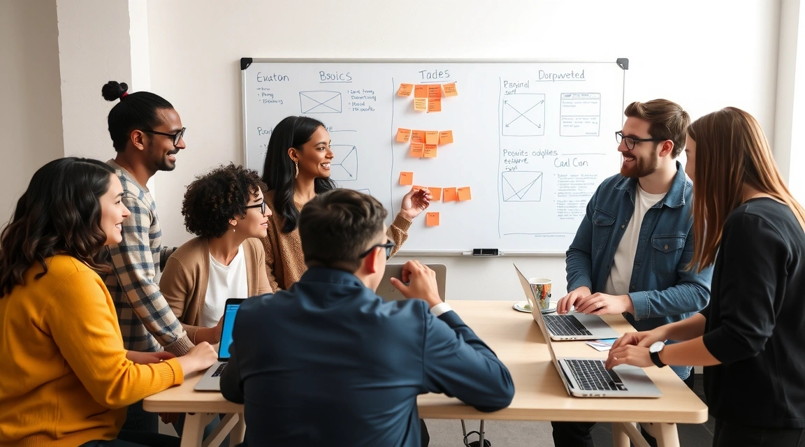 Early team members collaborating on a design project, surrounded by sketches and whiteboards.