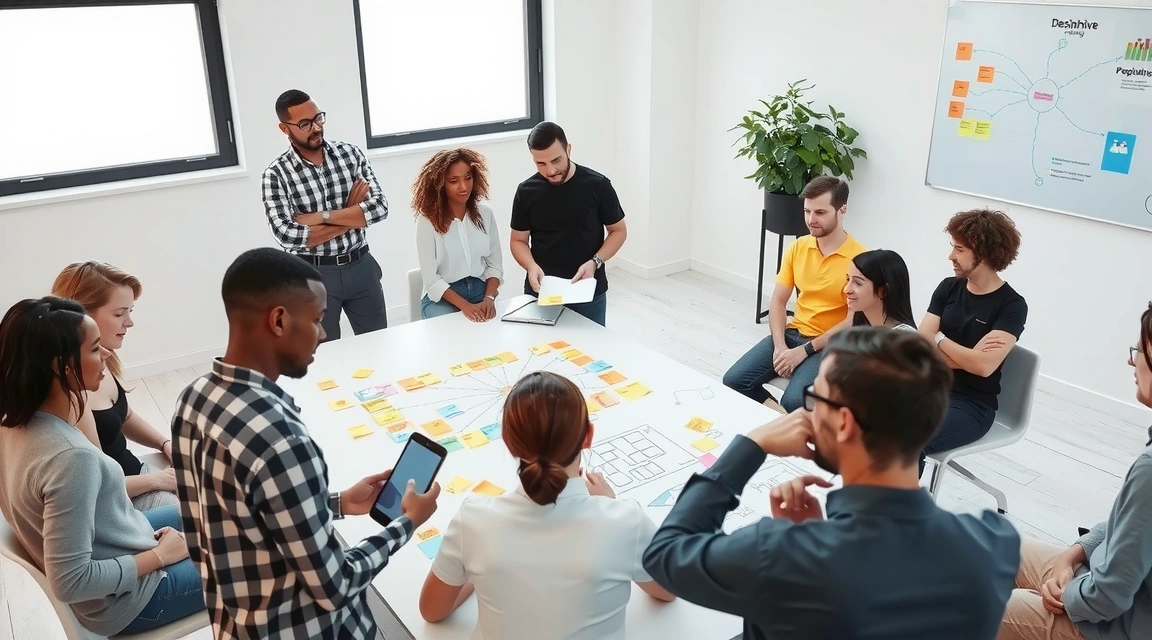 Team members and clients engaged in a workshop, brainstorming ideas with sticky notes and whiteboards.