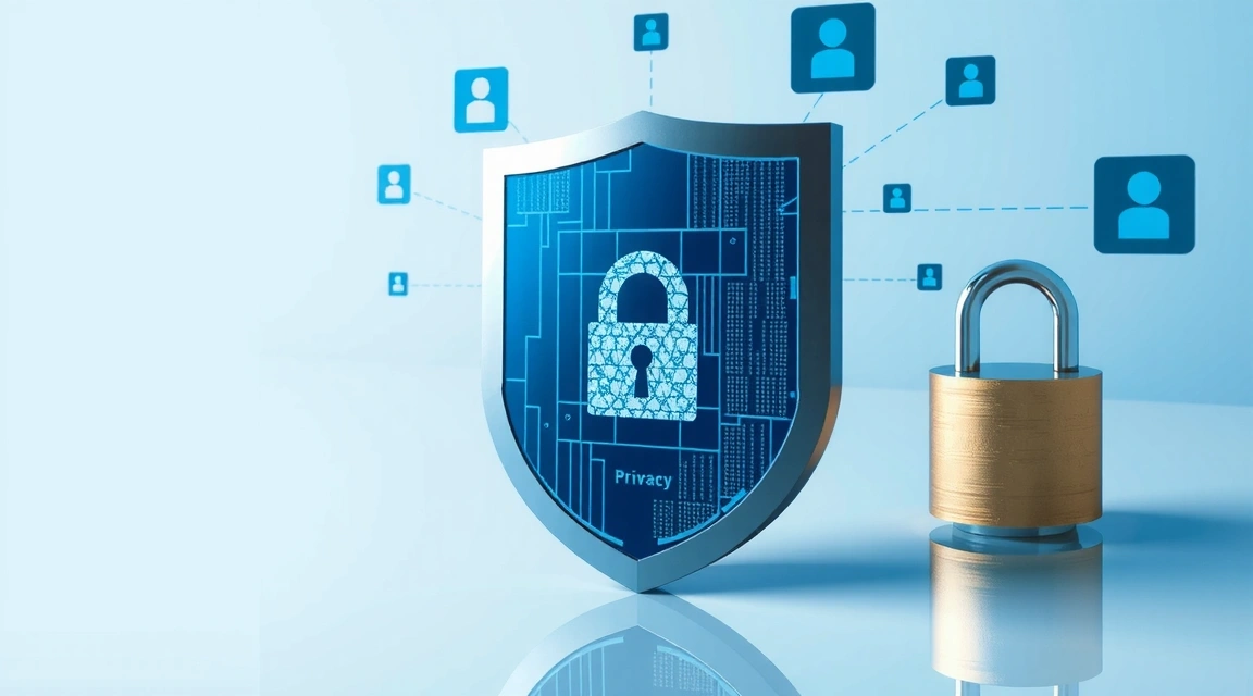 Digital privacy protection with abstract shield and lock icons, representing data security and user rights