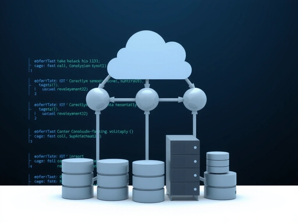 Abstract representation of web development, with code snippets, server racks, and database icons forming a digital network. No text.