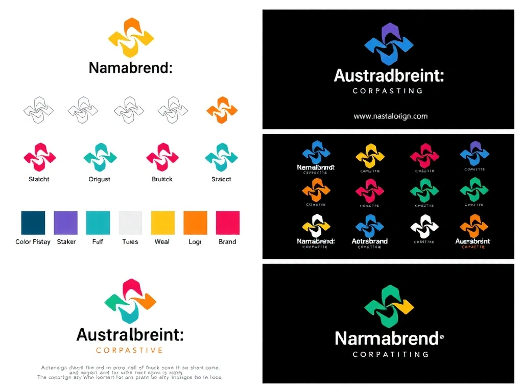 Abstract logo design process, showing sketches, color palettes, and a final polished logo. No text.