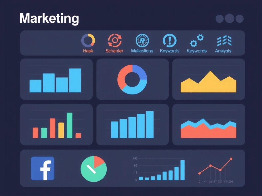 Digital marketing dashboard with charts, social media icons, and SEO keywords. No text.