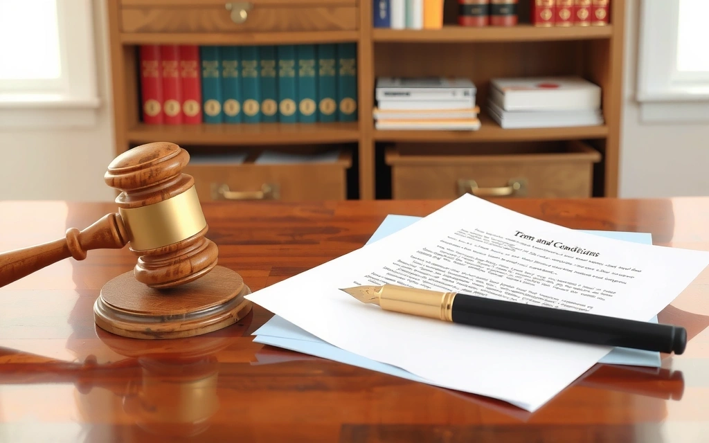 Digital illustration of legal documents and a pen, symbolizing terms and conditions reviews.