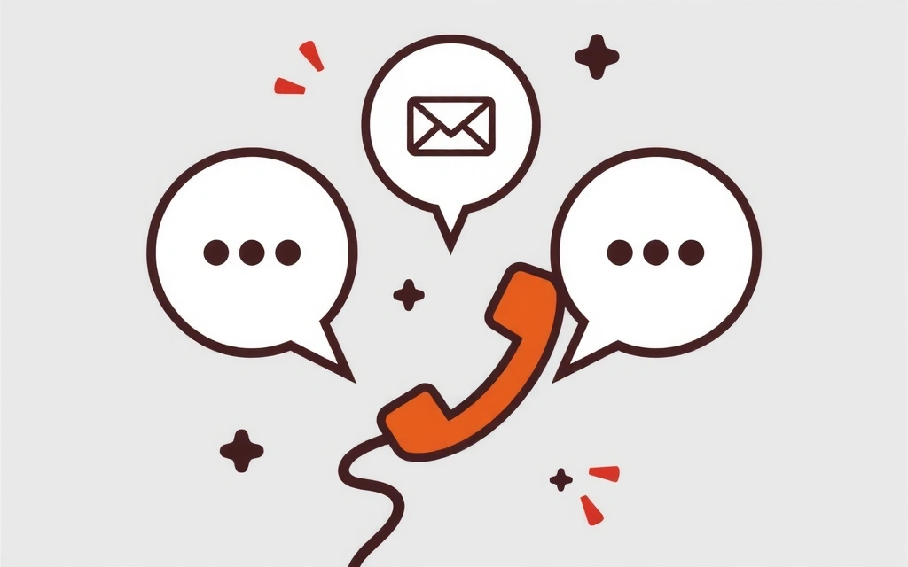Stylized graphic of a contact icon with speech bubbles and email symbols, representing communication channels.